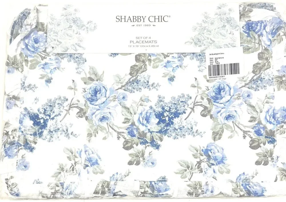 Shabby Chic Placemats Blue White ROSES Ruffle Fabrics English Garden 4 Pc Set
